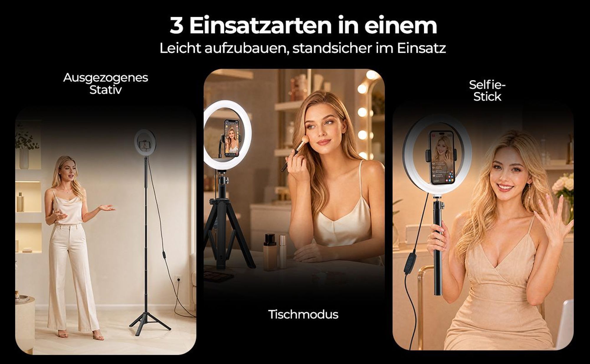 LED Ringlicht 10 Zoll mit Stativ 178 cm, 10000mAh Akku, Selfie Stick, 3 Lichtfarben, 10 Helligkeitsstufen, Handyhalter