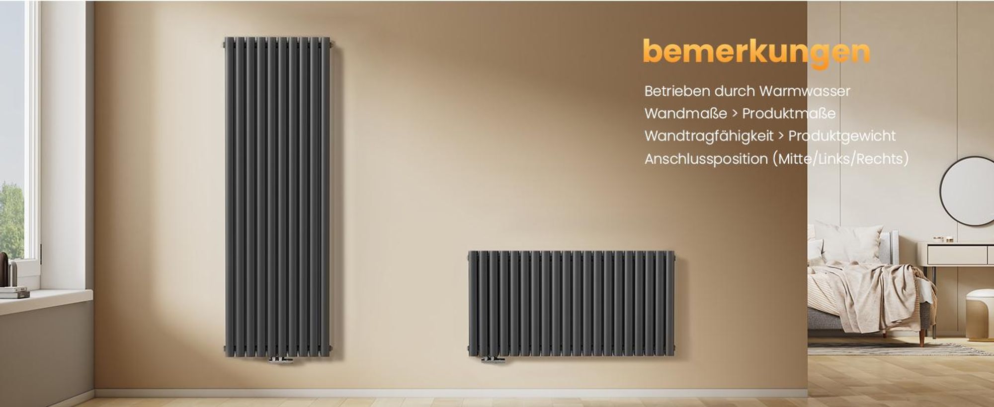 EMKE Design-Heizkörper 600 x 1180 mm Heizkörper Horizontaler Ovalheizkörper Seitenanschluss Doppellagig Heizung, 1828W, Anthrazit ohne Heizstab
