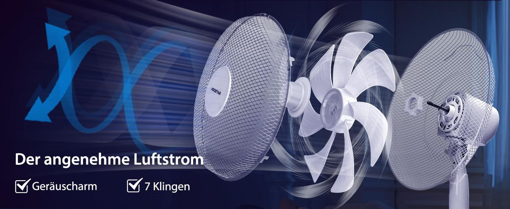 Aigostar - Standventilator, 3 Geschwindigkeiten, 7 Klingen, 41 cm Durchmesser, leise, 75° Oszillation, Weiß