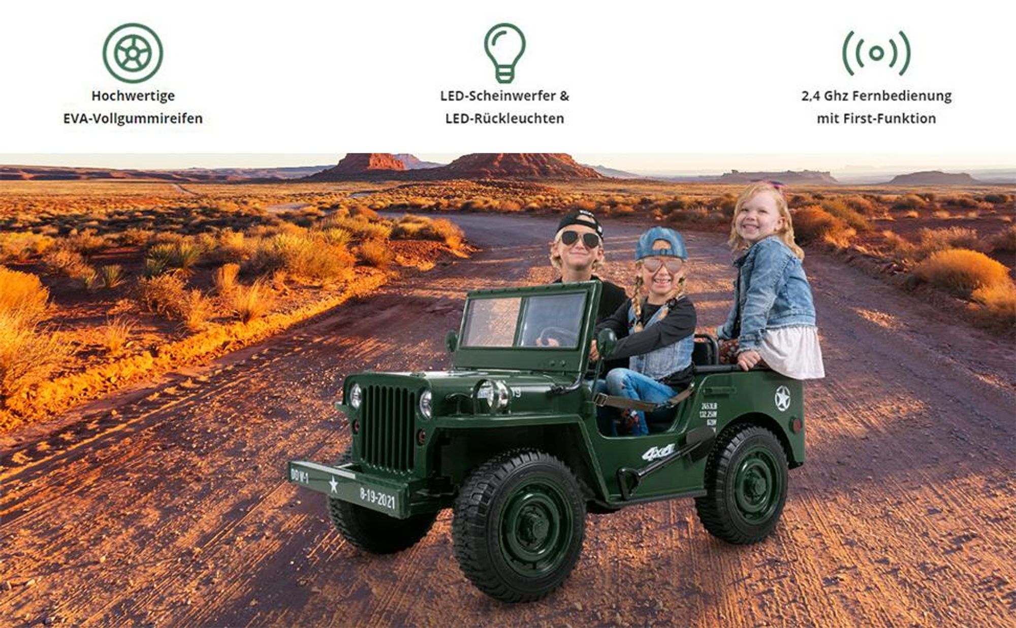 Actionbikes Motors Kinder Elektro Auto Jeep Willys | 3 Gurte - Allrad Antrieb - Dreisitzer - Fernbedienung - Federung - LED - Hupe - Geländefahrzeug