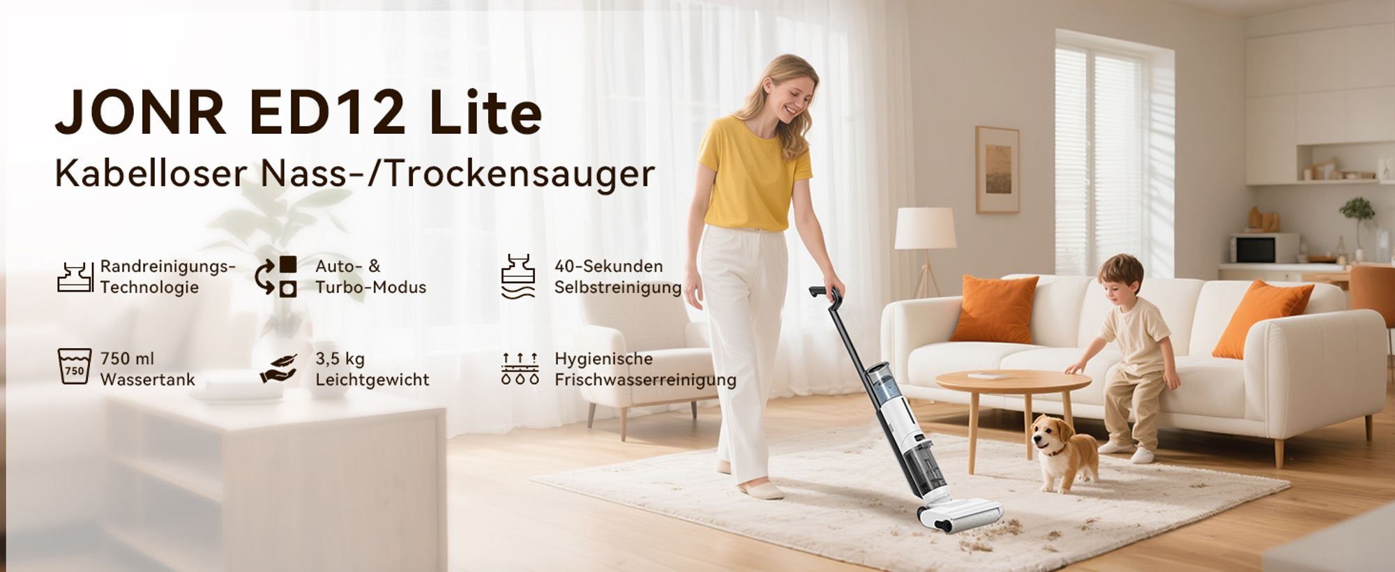 JONR ED12 lite Nass Trockensauger, 750mL Wassertank, 25-Minuten, Kantenreinigungsbürste, automatische Reinigungsfunktion für Hartböden