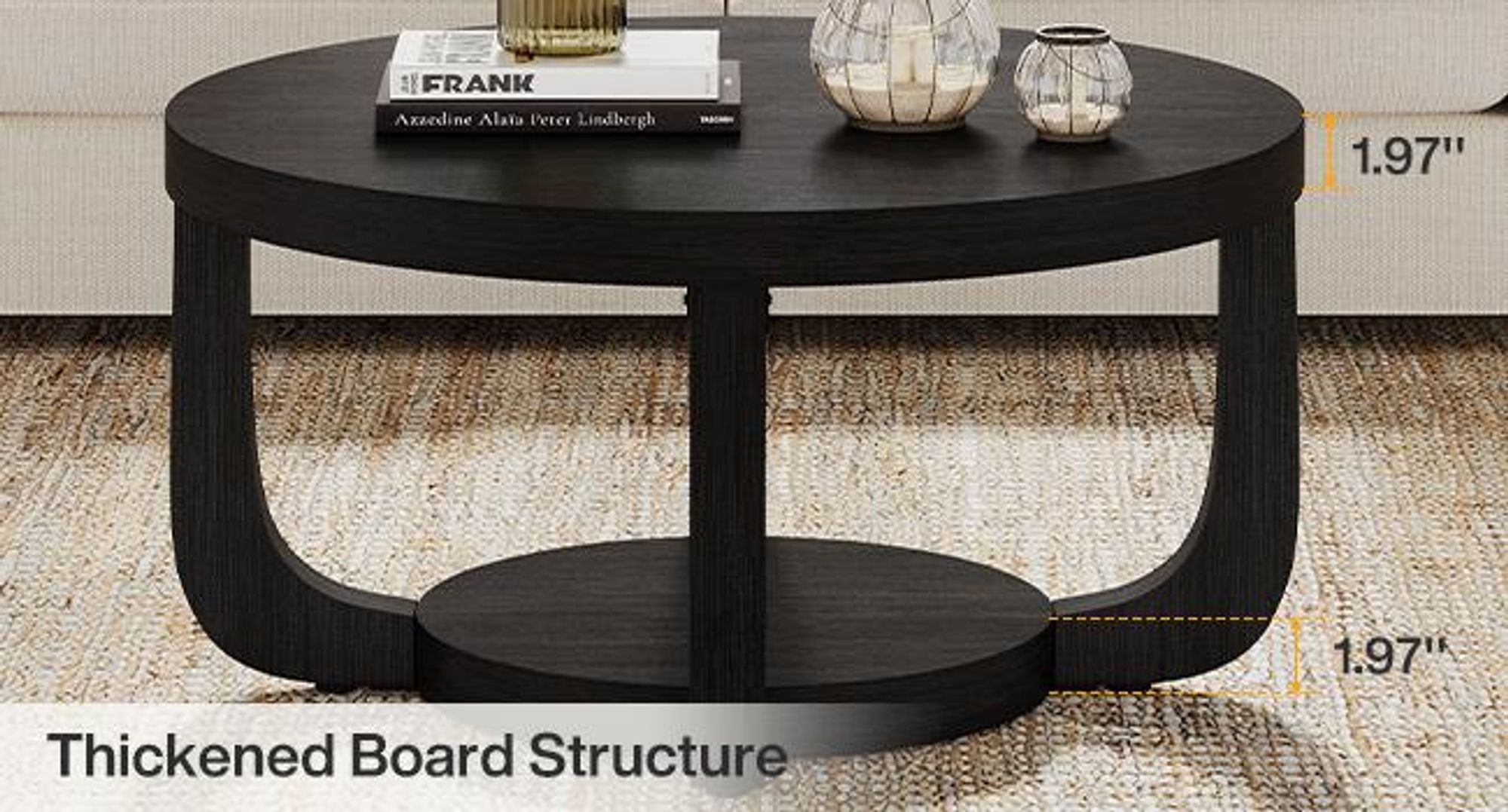 Tribesigns runder Couchtisch, 2-stöckiger runder Couchtisch mit Stauraum, Beistelltisch Holz Wohnzimmer, dicke Tischplatte Gestell, Schwarz