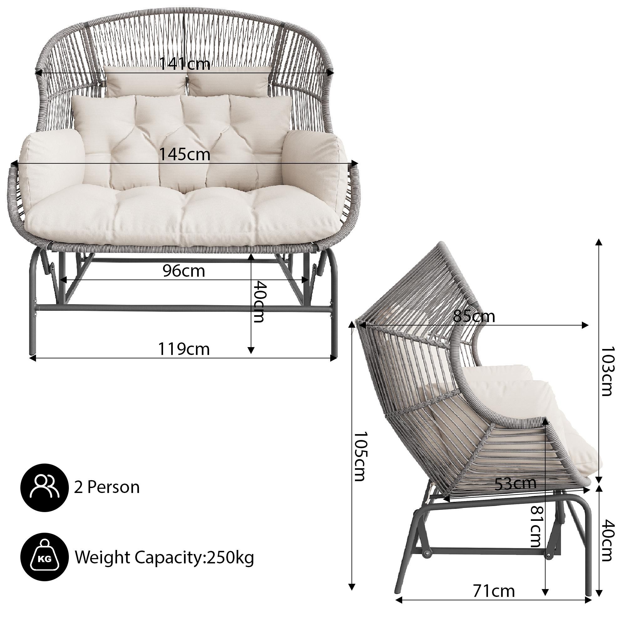 Flieks Rattan Hollywoodschaukel Schaukelstuhl Doppelschaukel mit Kissen, Hängesessel Gartenschaukel Hängeschaukel für 2 Personen, Grau
