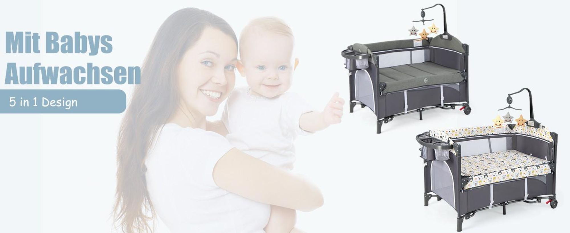 Reisebett mit Matratze, 5 in 1 Beistellbett Baby mit Rollen & Wickelauflage & Spieluhr, 110×76cm Babybett mit Tragetasche, Stubenwagen für Neugeborene & Baby (Bunt)