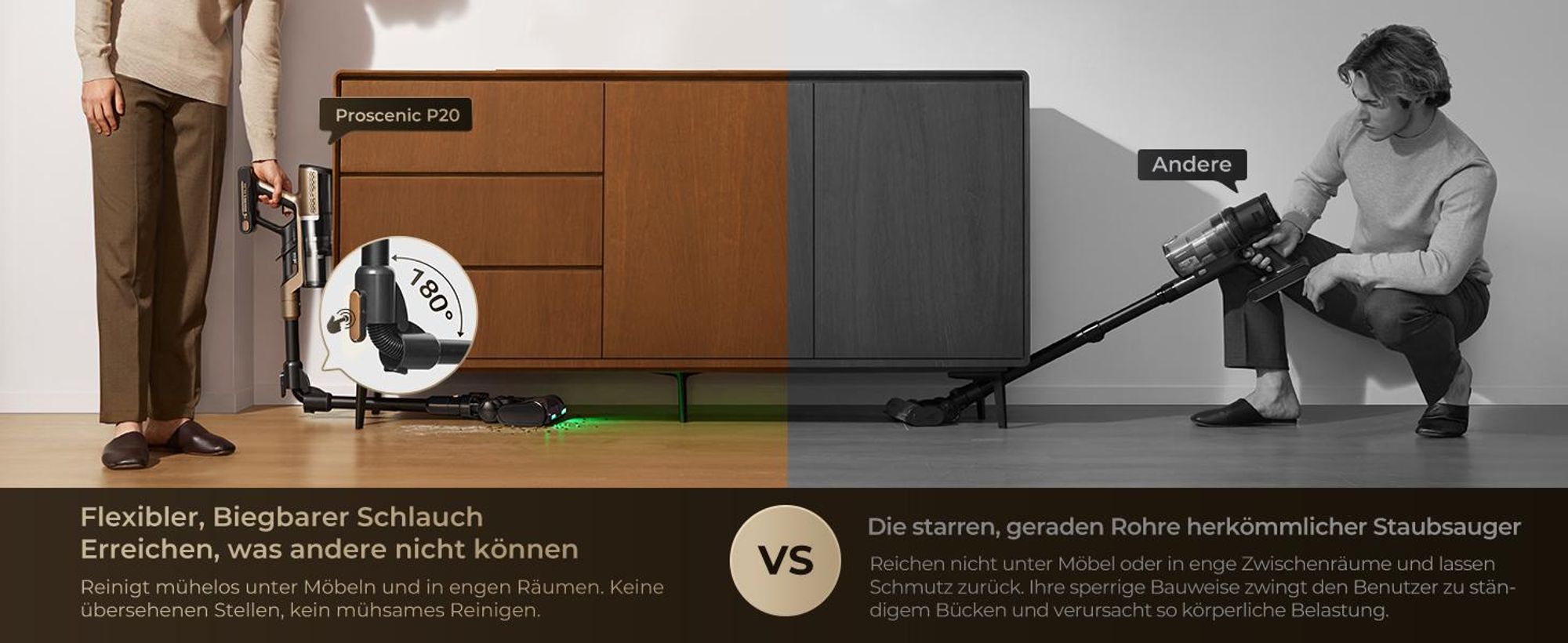 Proscenic P020 OnePass Akku Staubsauger Kabellos 680W/85KPA/70Min, Klappstange, zur Reinigung unter niedrigen Möbeln