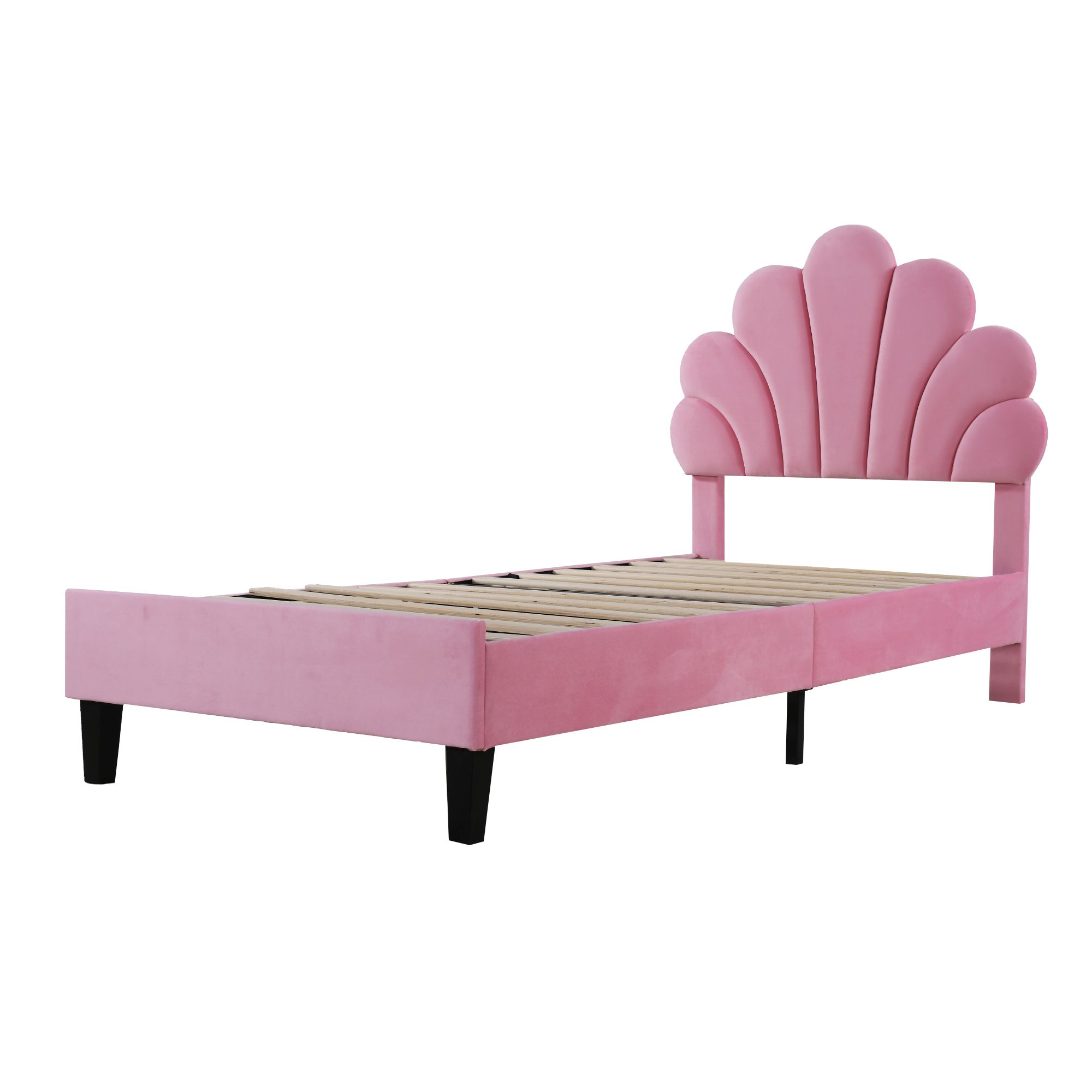Flieks Polsterbett 90x200cm Samt mit Blumenform-Kopfteil und Lattenrost Einzelbett Kinderbett für Damen Kinder Jugend