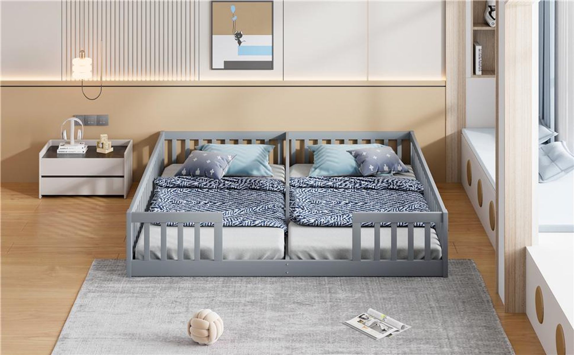 Merax Kinderbett 2× 90x200 cm, Massivholzbett mit Gitter, Lattenrost, Kiefernholz, Bodenbett, Flachbett, Jugendbett, Grau
