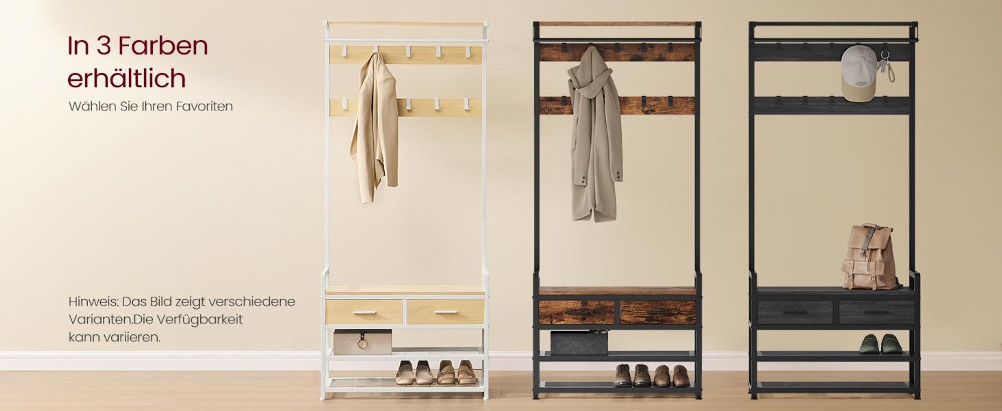VASAGLE Garderobe mit Schuhbank, Schuhaufbewahrung, 2 Schubladen, 30 x 80,4 x 181,6 cm, goldeichenfarben-weiß
