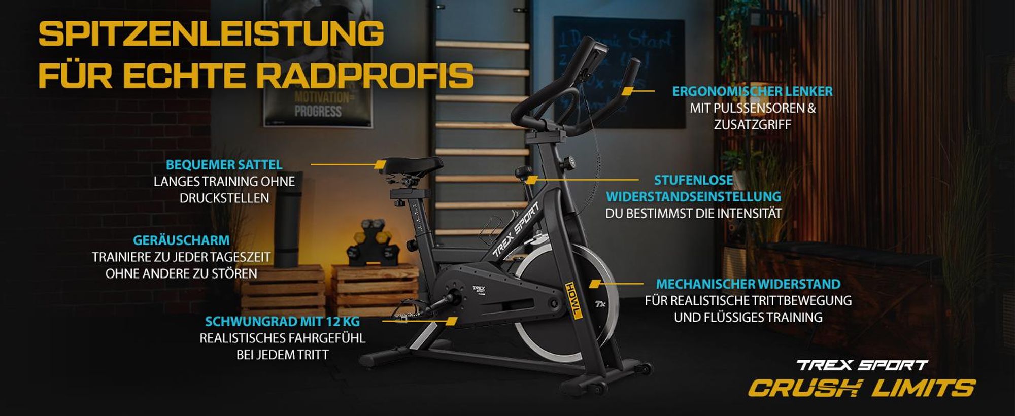 TREX SPORT Indoor Bike Heimtrainer Fahrrad TX-640SB HOWL |Mechanischer Widerstand, 12kg Schwungrad, Trainingscomputer, Pulssensoren | leise, bis 130kg