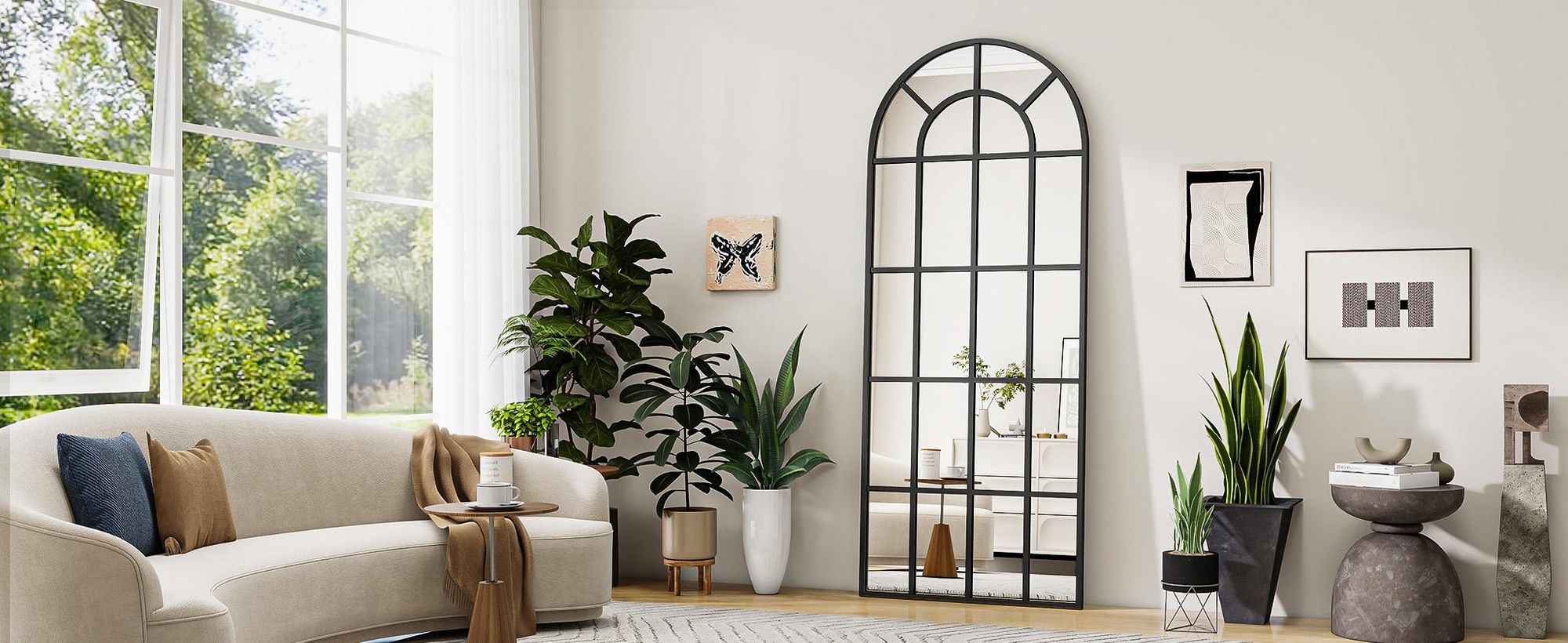 Koonmi 60x165 cm Fensterscheibe Ganzkörperspiegel -  Dekorative Vollkörper mit Metallrahmen hängend Schrägung für den Eingang, Wohnzimmer, Schwarz