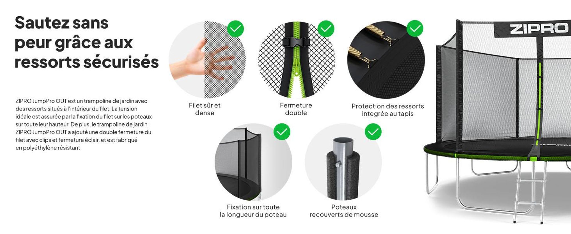 Trampoline ZIPRO Jump Pro Out | 14FT Ø 435 cm | Trampoline de jardin Trampoline pour enfants Kit complet avec filet extérieur, échelle et housse de protection, pour l'extérieur, vert