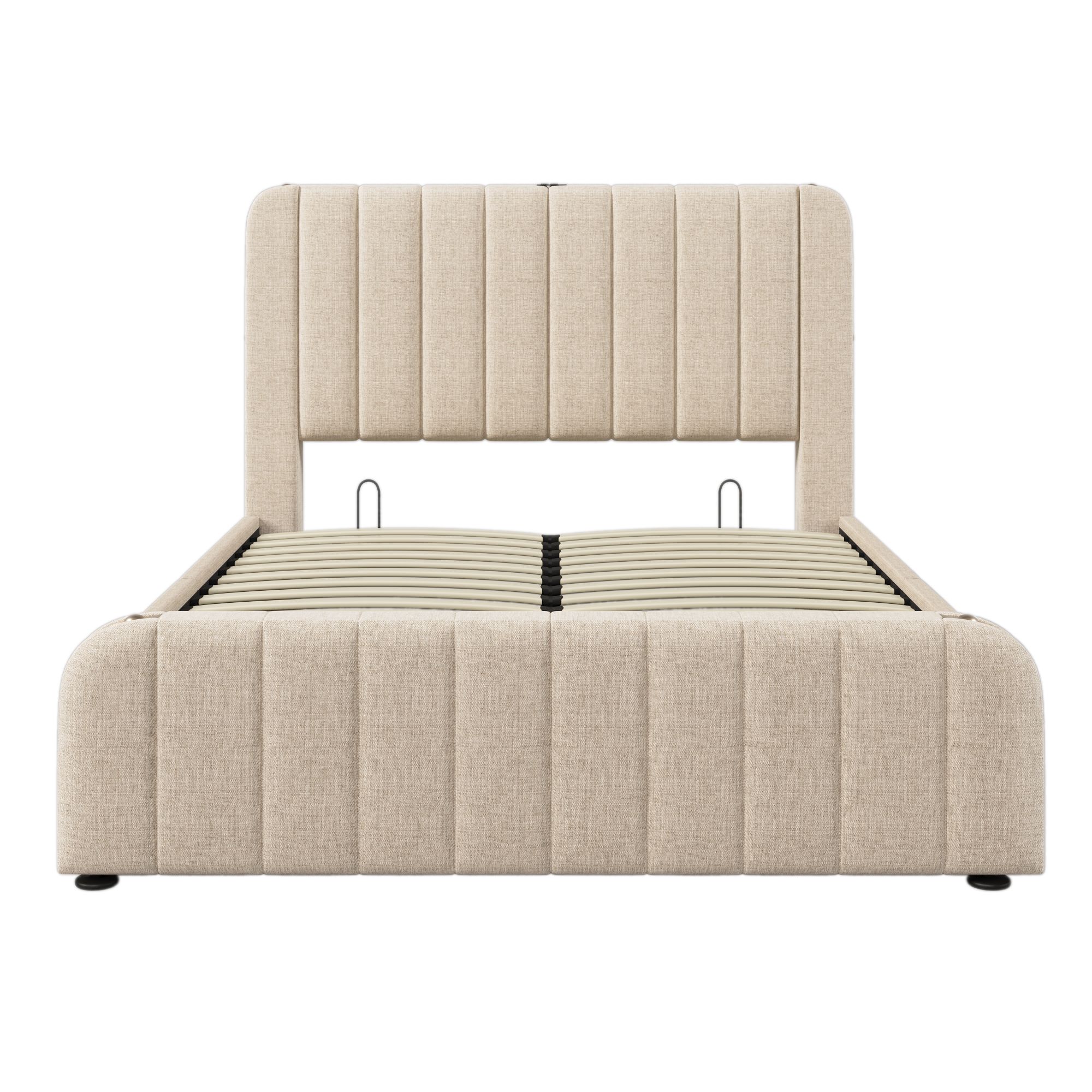 Flieks Polsterbett 160x200cm mit Ladefunktion (USB, Typ-C), Doppelbett Stauraumbett mit Lattenrost, Hydraulisches Jugendbett Boxspringbett, Leinen