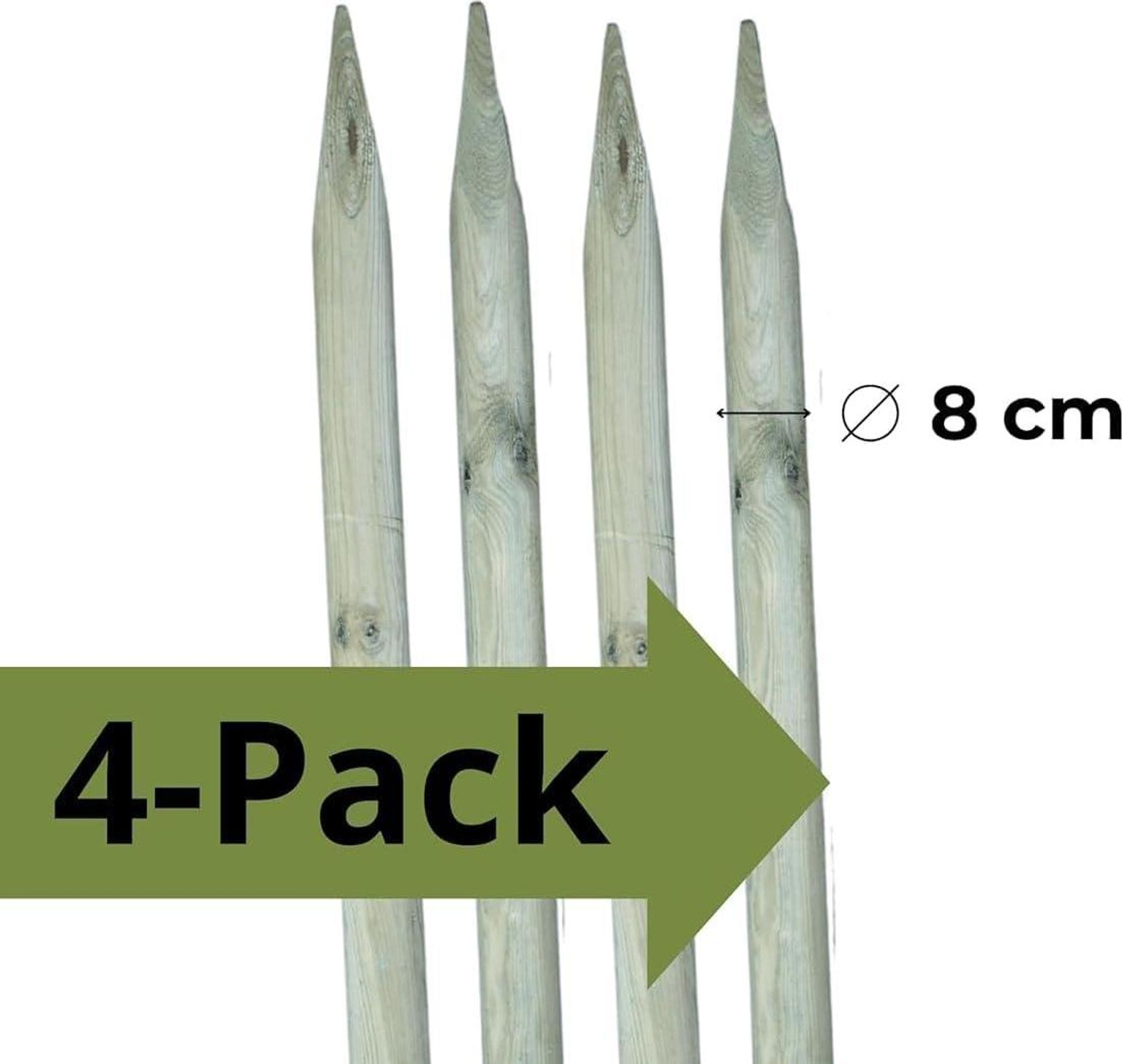 TIMBERMIK ø 8cm 4-Pack Paletti di Legno a Punta Lunghezza: 80 cm Recinzione Tondo Staccionata Pino Torniti Giardino Impregnato Verde oliva
