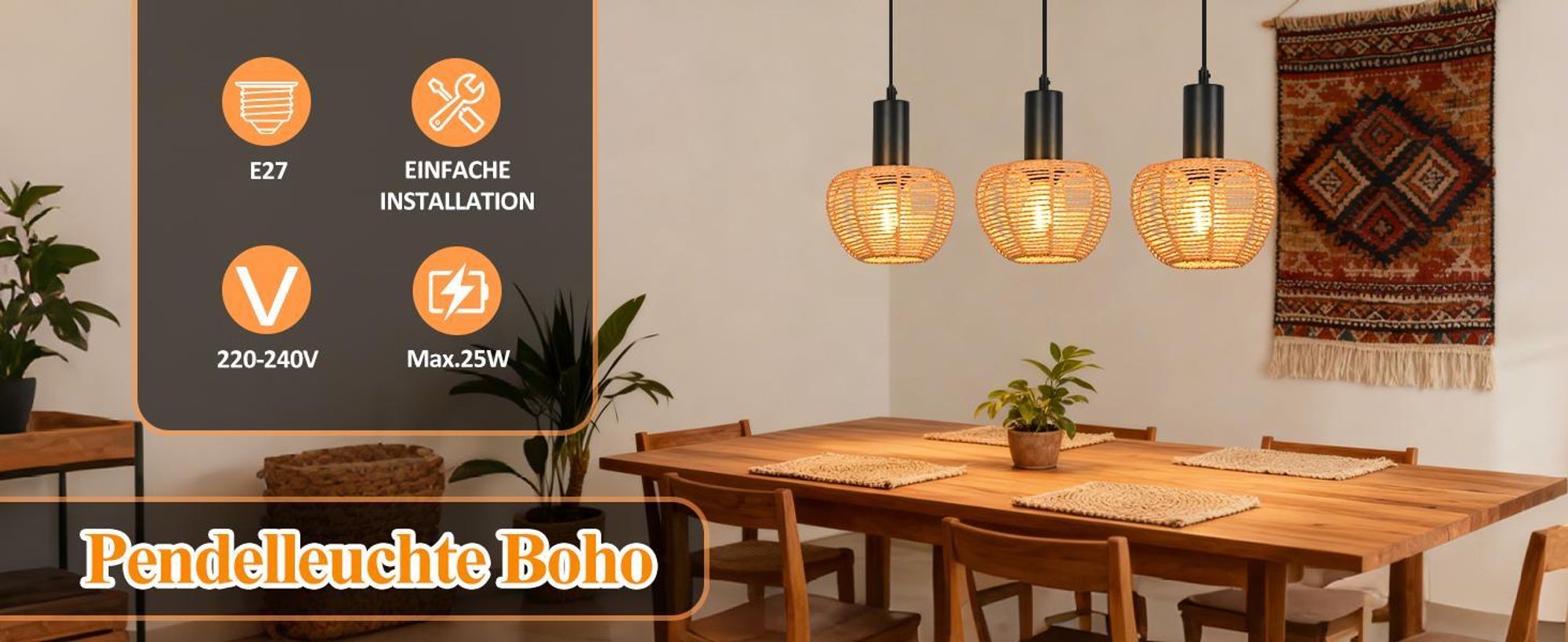 ZMH Hängelampe 3 Flammig Pendelleuchte Rattan Esstischlampe Geflochten Hängeleuchte Lampenschirm Hanfseil E27 Pendellampe für Esszimmer Schlafzimmer
