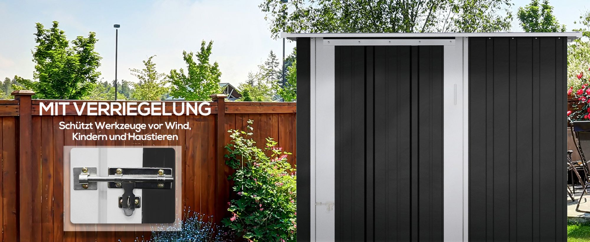 Outsunny Gerätehaus Gartenhaus Geräteschuppen mit Tür Outdoor Stahl Dunkelgrau 142 x 84 x 189 cm