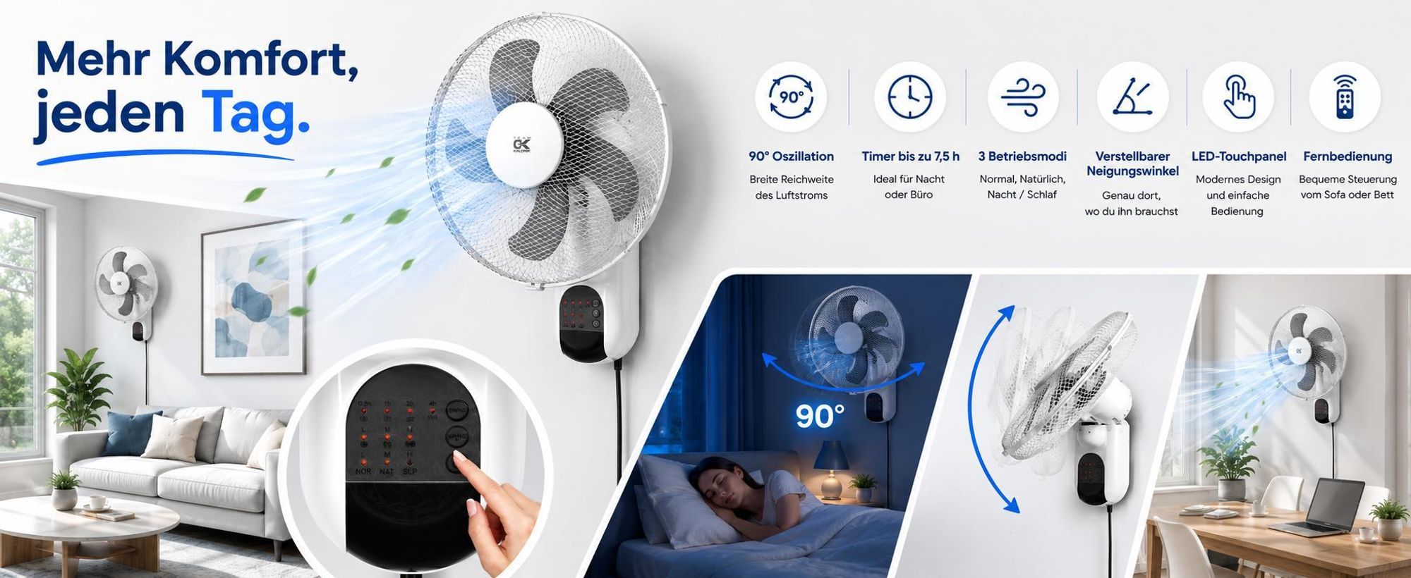 WANDVENTILATOR mit FERNBEDIENUNG WEISS 45W OSZILLATIONSTIMER