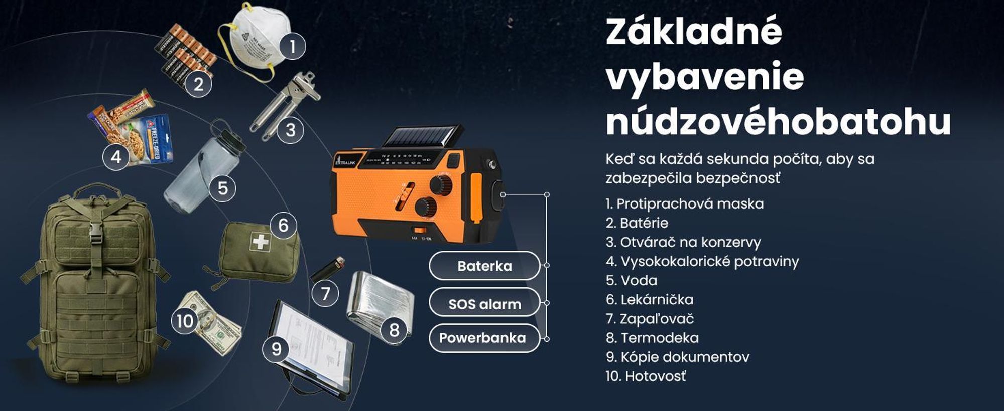 Extralink SR-4000 núdzové rádio so solárnym nabíjaním, kľukou, powerbankou 4000 mAh a LED svietidlom