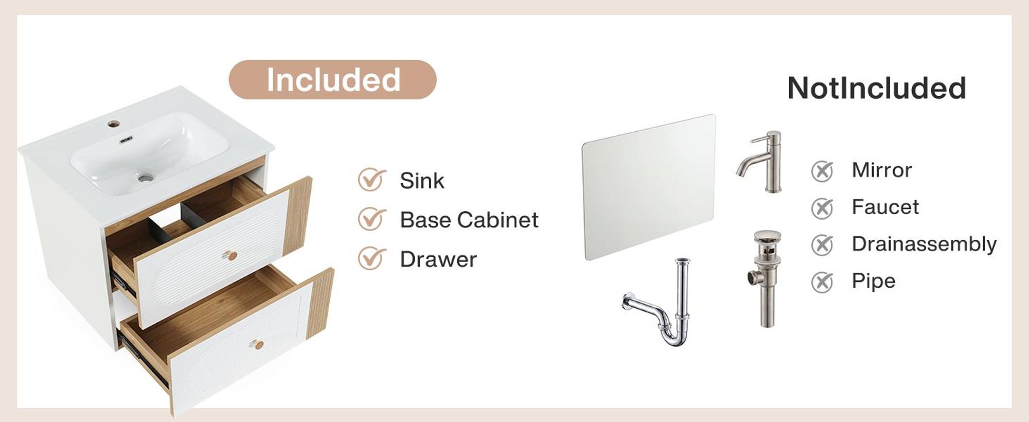 Waschtisch Waschtischunterschrank mit Keramik waschbecken 60 cm, Weiß, Wandmontiert, 2 Schubladen, Helles Eichenholz-Optik
