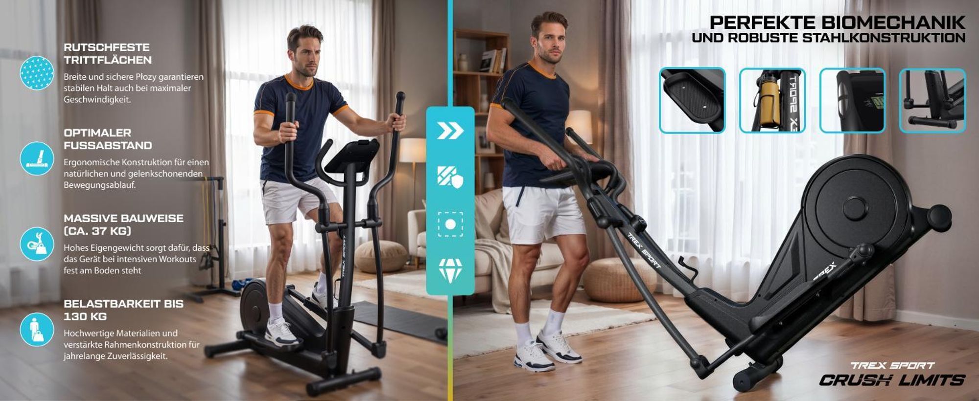 TREX SPORT Crosstrainer für zuhause TX-650CT KRAD | Magnetischer Ellipsentrainer bis 130kg, 16-stufiger Widerstand, Bluetooth, 10kg Schwungmasse