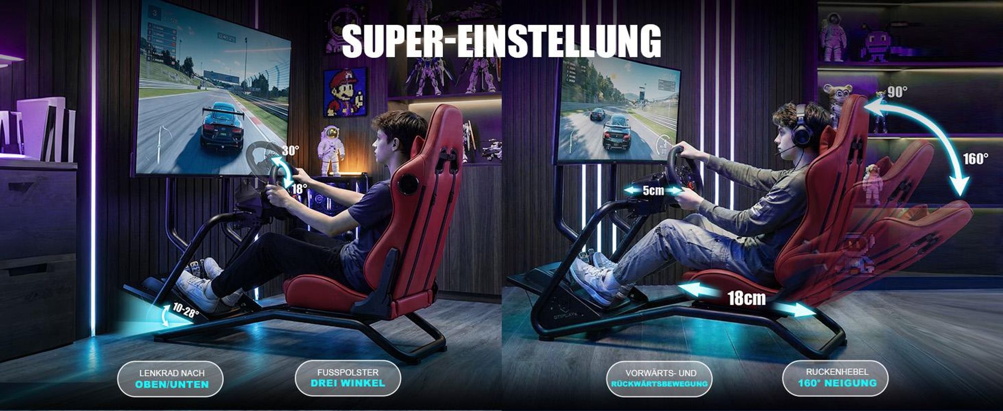 GTPLAYER Simulator Cockpit,Rennsimulator lenkradständer mit 3D-Stereo-Lautsprechern, Monitorhalterung, verstellbarer Lenkradhalterung, Schalthebelhalt