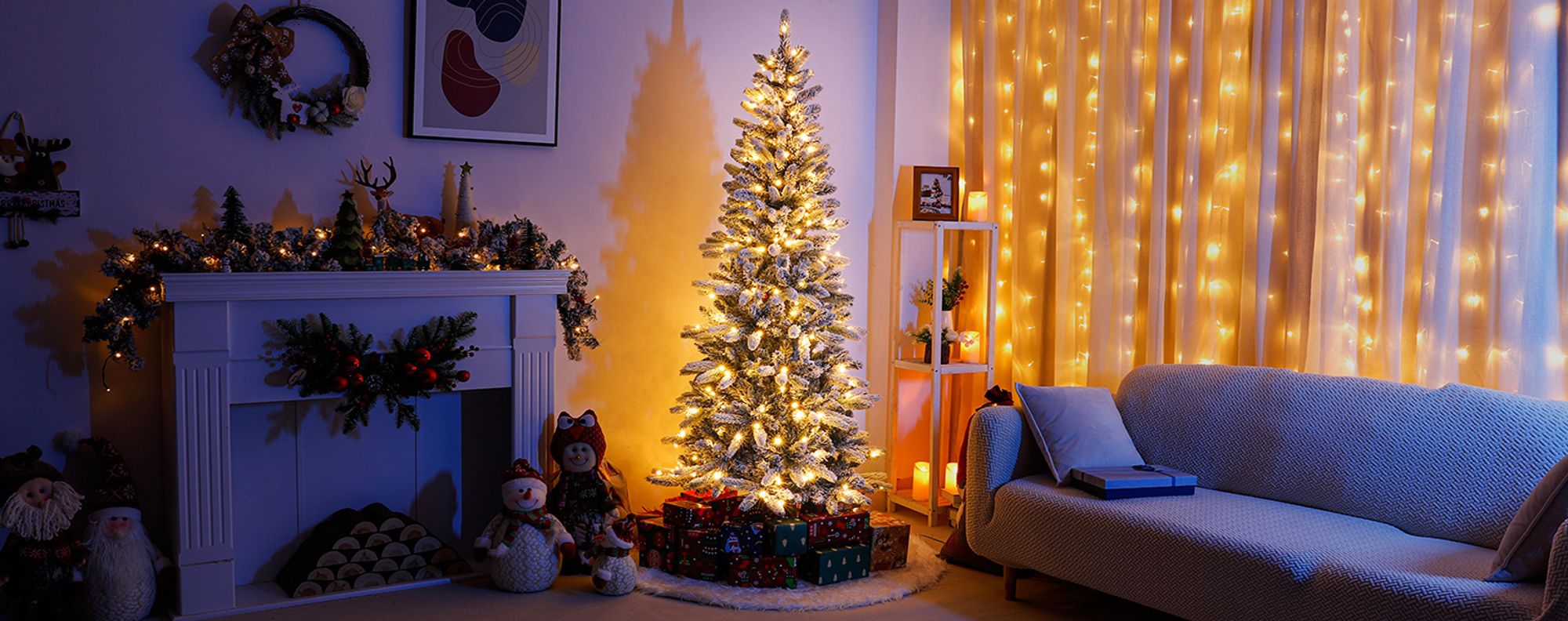 Yorbay 210cm Künstlicher Weihnachtsbaum Slim mit Beleuchtung LED Tannenbaum für Weihnachten-Dekoration, Schneebeflockt, Schmal, Weiß