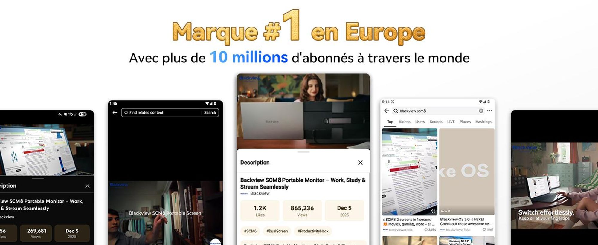 Écran portable Blackview SCM8 15,6 pouces, écran d'ordinateur ultrafin 1920 × 1200 (pour ordinateurs portables de 13 à 17,3 pouces), pivotant à 180° à l'horizontale