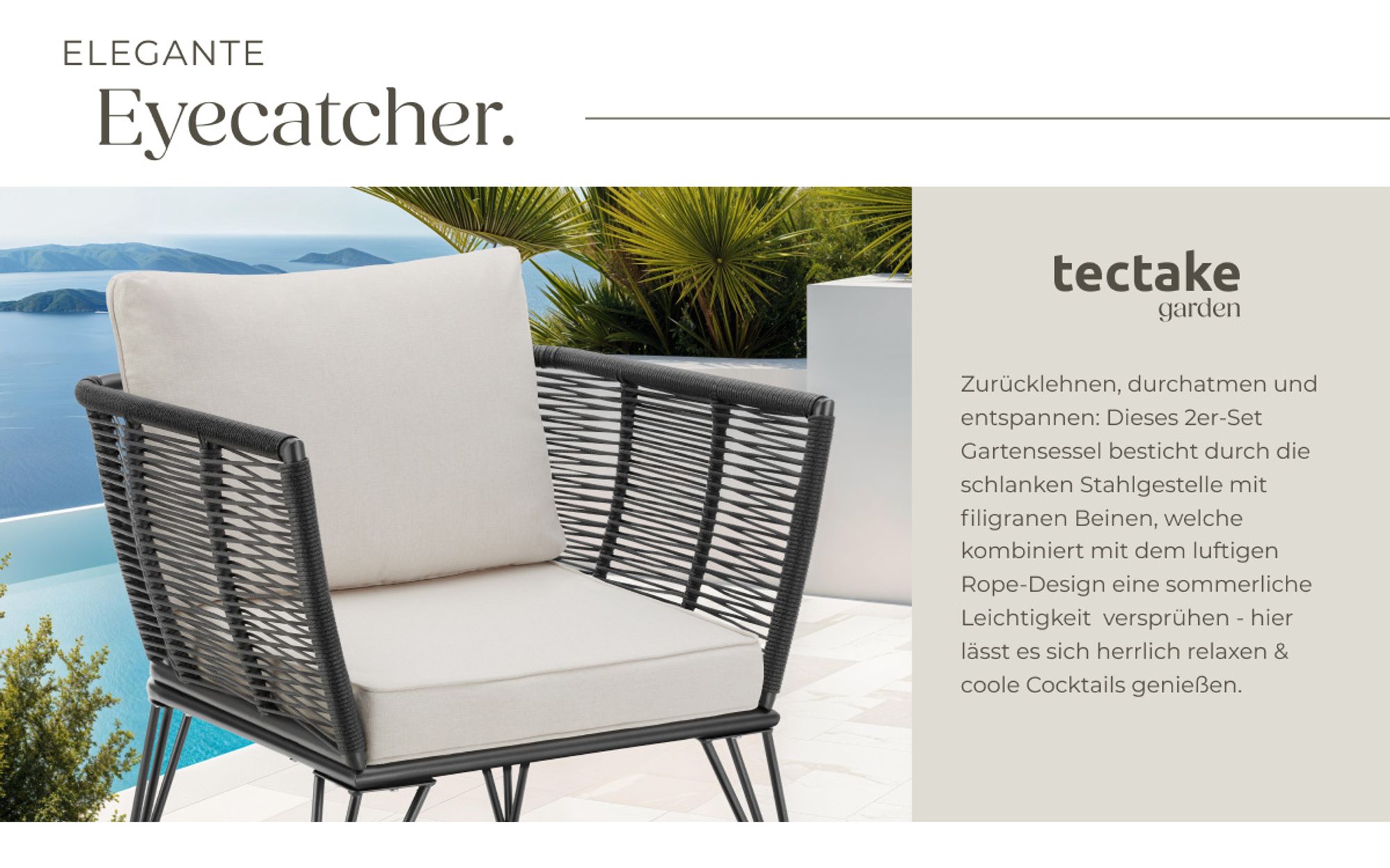 tectake® Garten-Loungesessel Sundo im Rope-Design