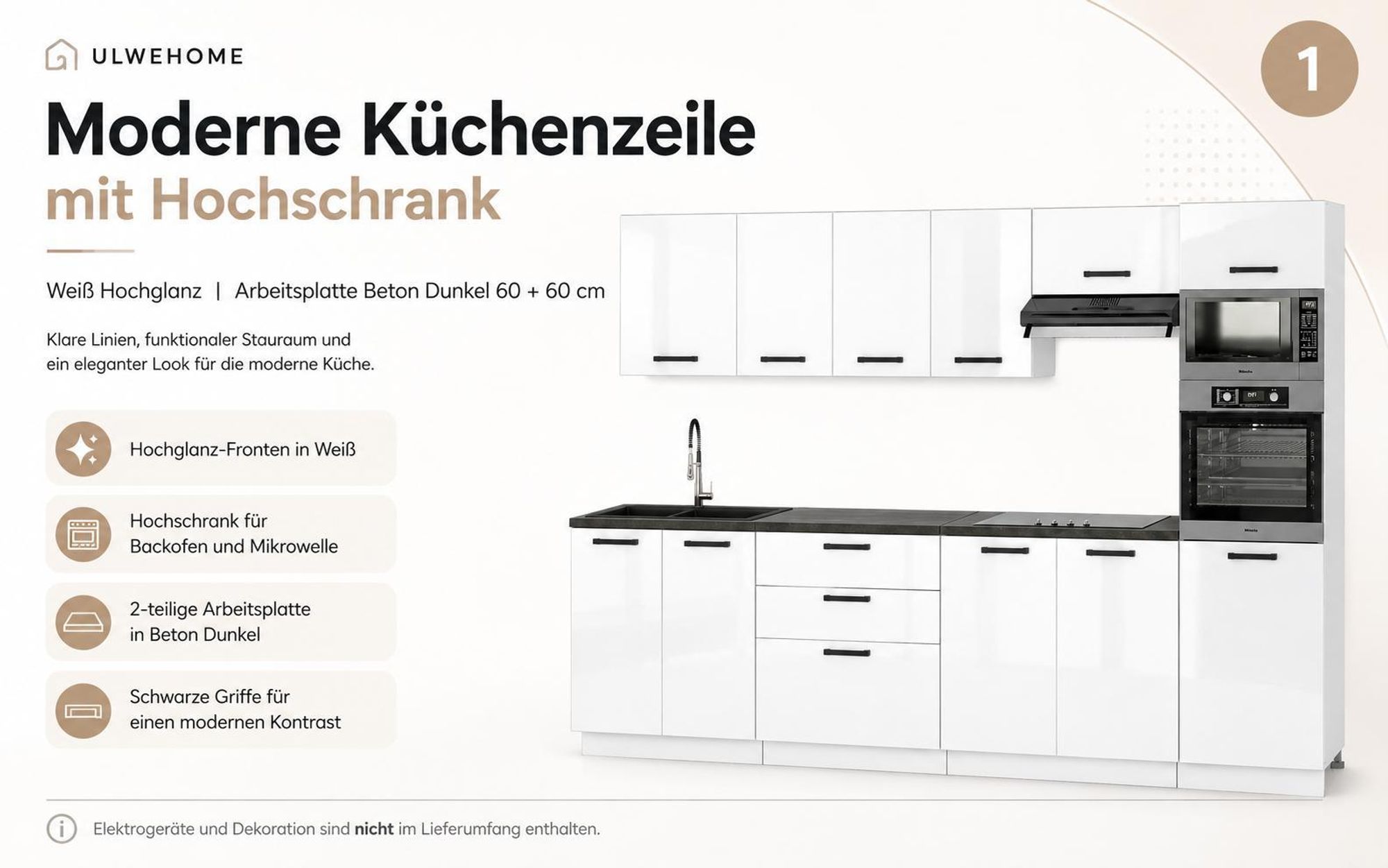 Küchenzeile in Weiß Hochglanz mit Hochschrank, viel Stauraum und Arbeitsplatten in Beton Dunkel.