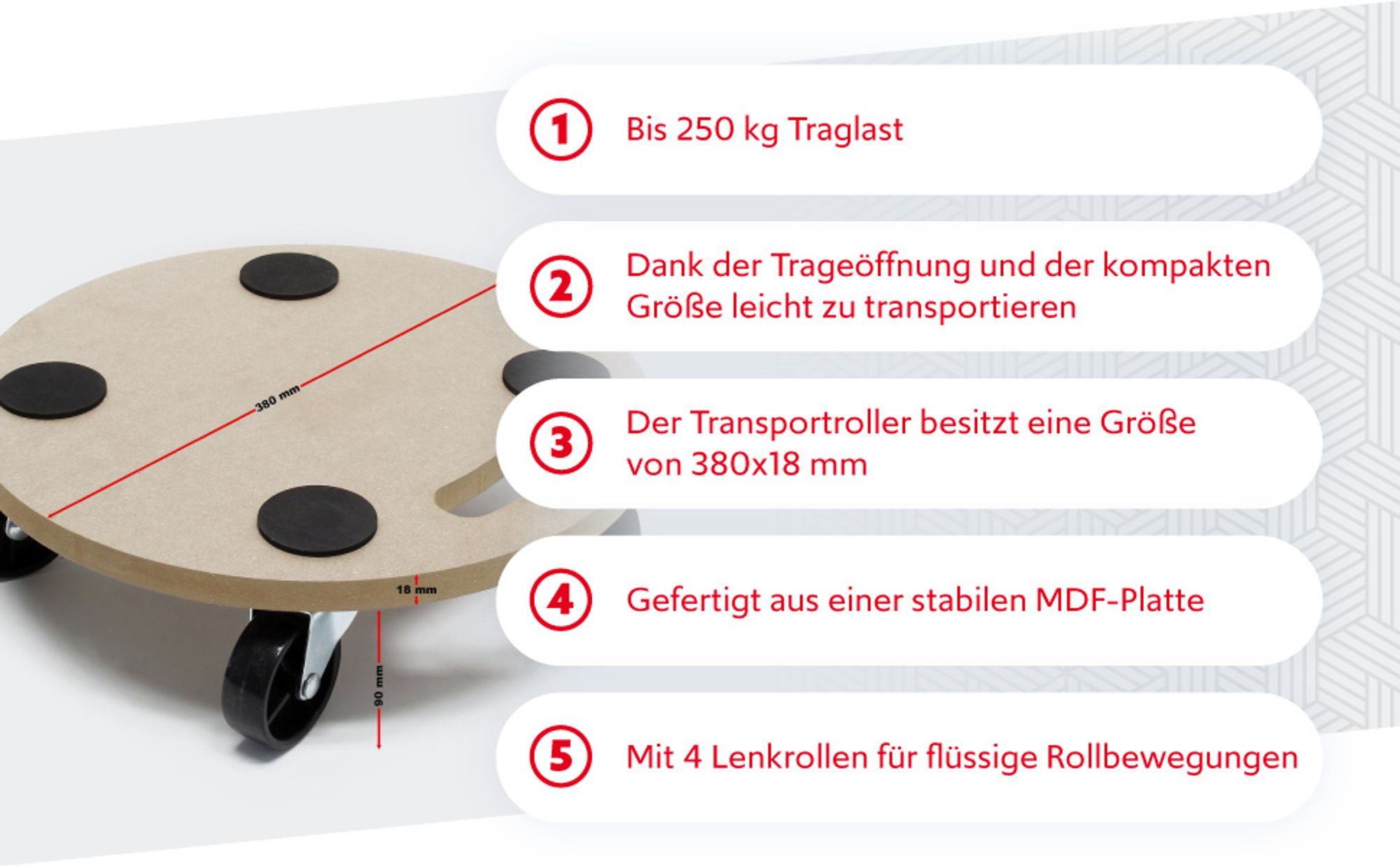 Wiltec Transportroller 250 kg 380 mm, rund, MDF Möbelroller, Rollbrett mit 4 Lenkrollen, Möbelhund als Umzugshilfe