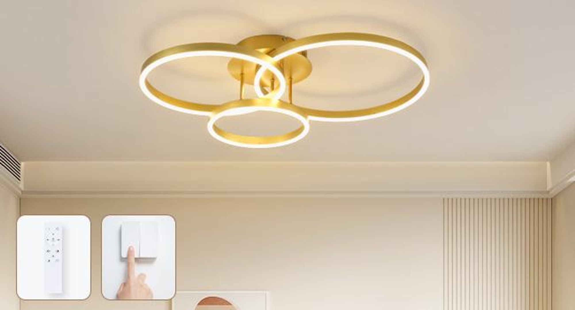 Plafonnier LED ZMH dimmable 82 cm, doré, pour chambre à coucher, avec télécommande, équivalent 74 W, éclairage à 3 anneaux pour chambre à coucher et cuisine