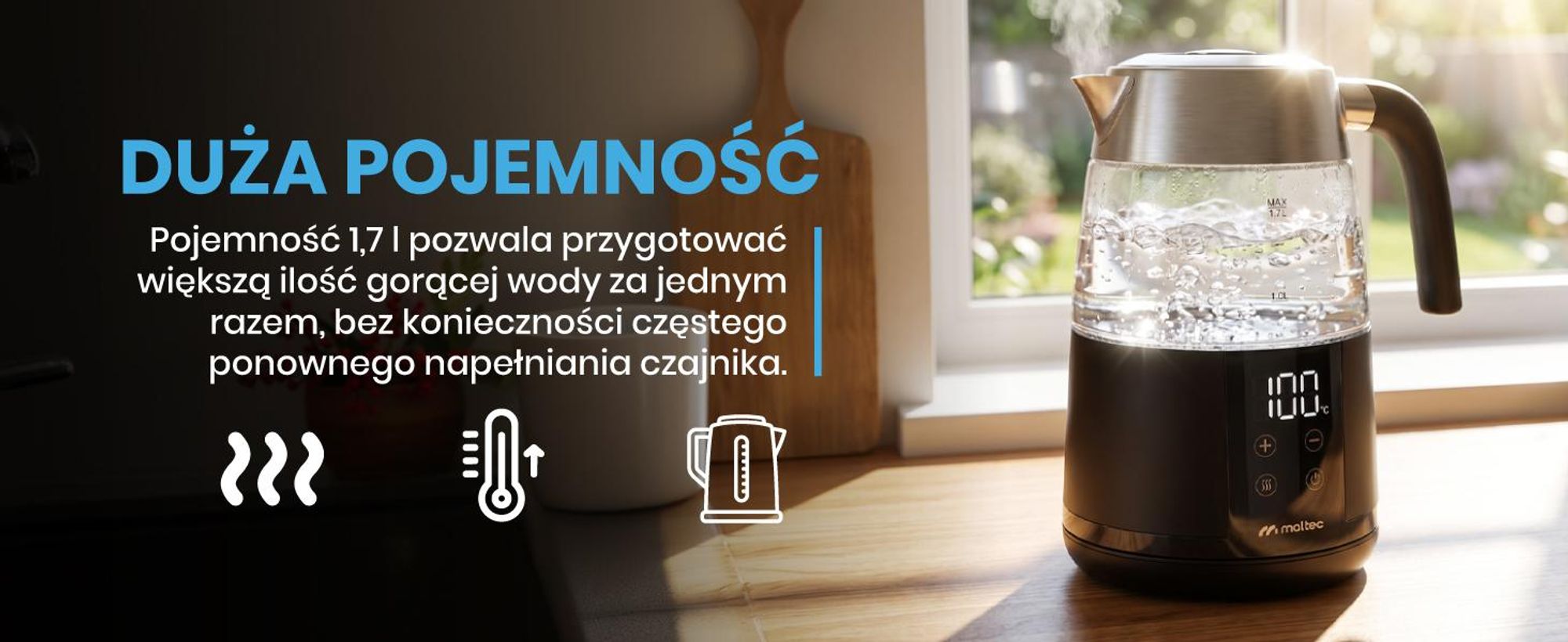 Szklany czajnik elektryczny o pojemności 1700ml i mocy 2200W z funkcją trzymania temperatury