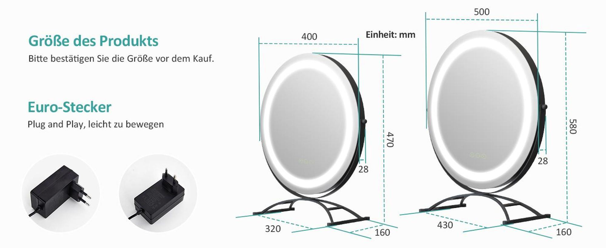 EMKE Schminkspiegel mit Beleuchtung, Hollywood Spiegel mit 3 Lichtfarben, Smart-Touch-Steuerung Schminktisch Spiegel mit Licht 360° drehbar, Einstellbare Helligkeit und Memory-Funktion (Φ400mm, Schwarz)