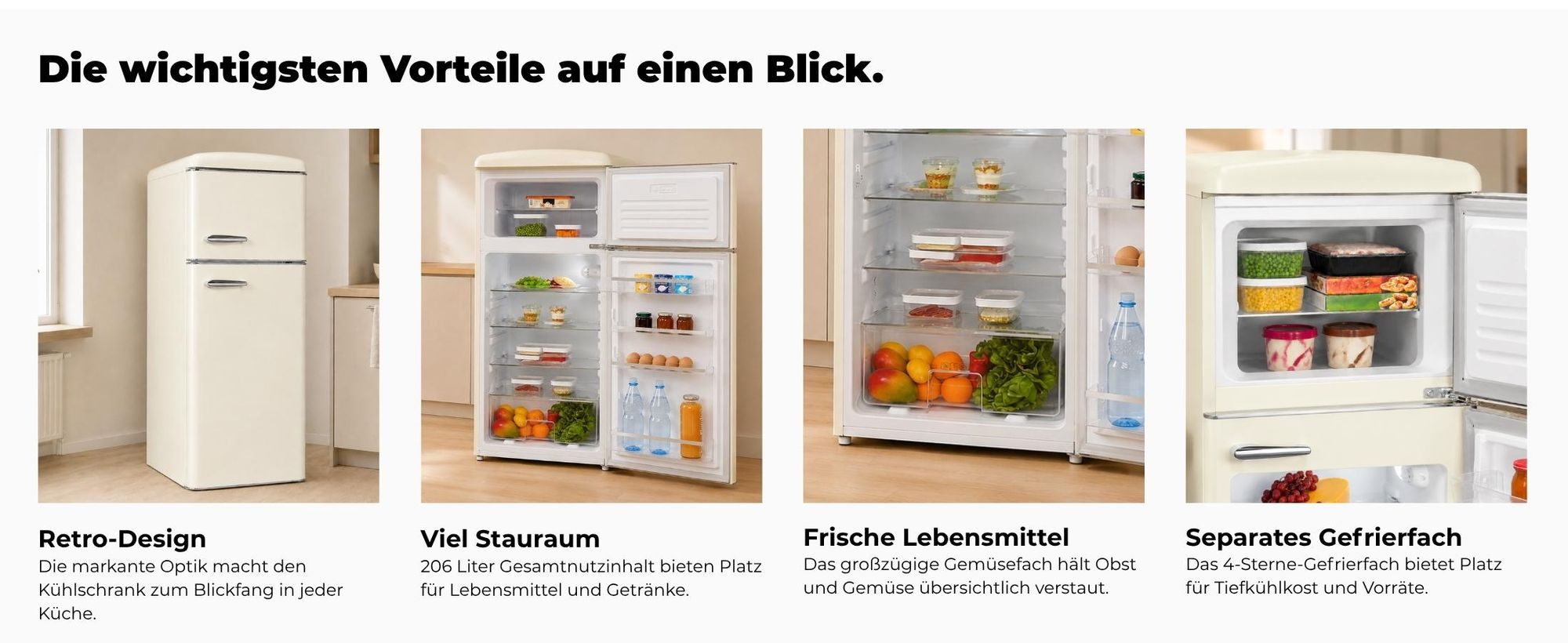 Exquisit Retrokühlschrank RKGC270-45-H-160E magnolienweiss | Standgerät | 206 l Volumen | magnolienweiß