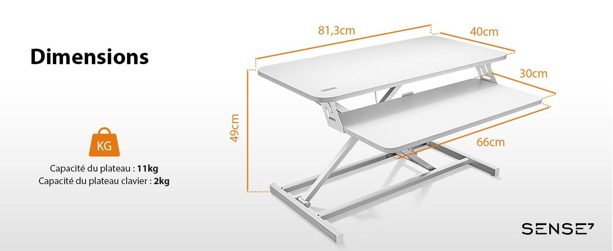 SENSE7 Convertisseur de bureau blanc - Support de bureau ergonomique - Réglable en hauteur - Poste de travail assis-debout - 81 x 40 cm - Pupitre de bureau - Support d'écran jusqu'à 13 kg