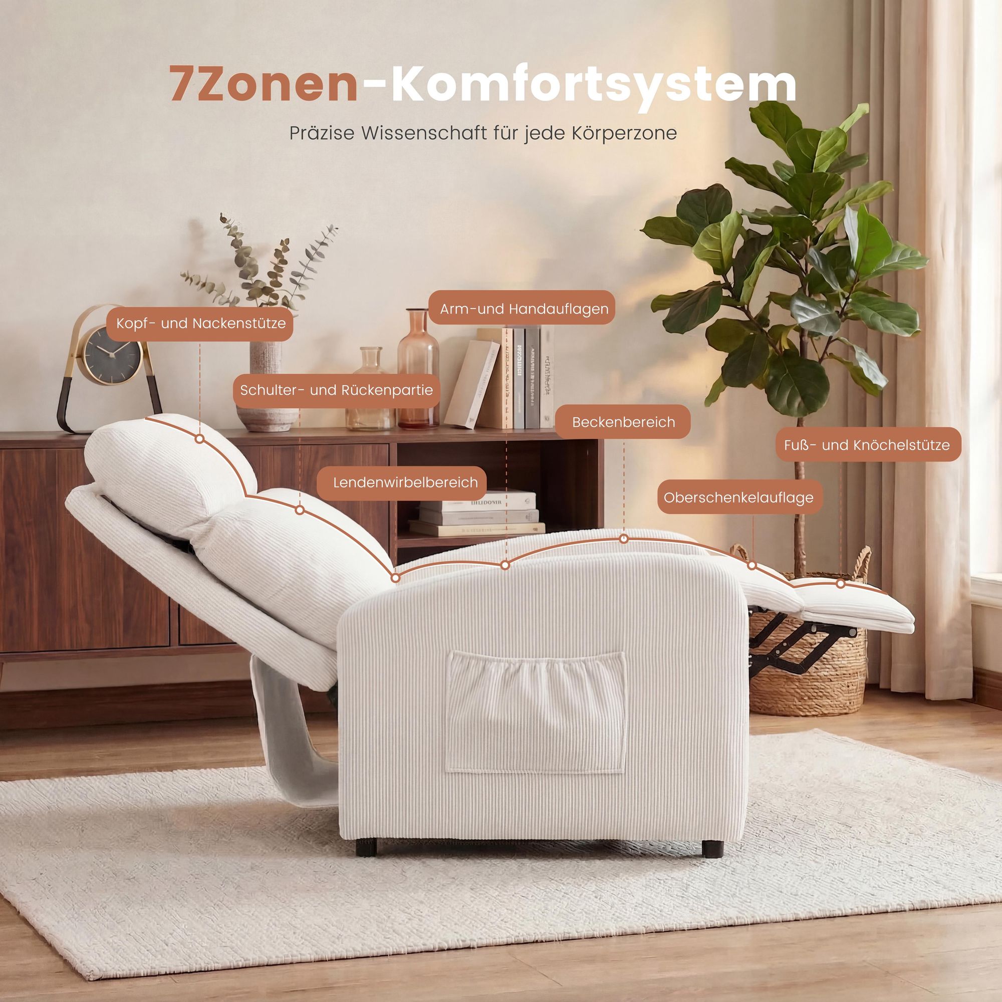 OYAJIA Relaxsessel Ergonomischer Liegesessel mit Relaxfunktion verstellbare Rückenlehne & Seitentasche , Fernsehsessel, bis 150 kg belastbar, 95°-145
