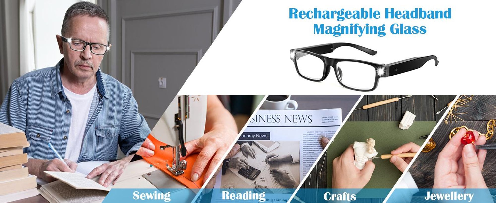 Lupenbrille mit Licht, Vergrößerungsbrille, USB Wiederaufladbare, für Senioren, Arbeiten im Nahbereich, Hobbys, Lesen, Basteln