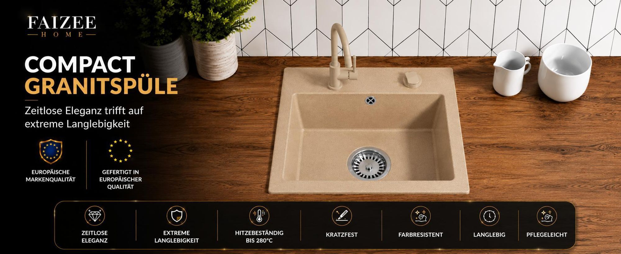 Faizee Home | Compact Granitspüle Beige 41 x 44 cm – Einbauspüle aus Granit für moderne Küchen | 170 mm Tiefe | Spülbecken für Unterschrank