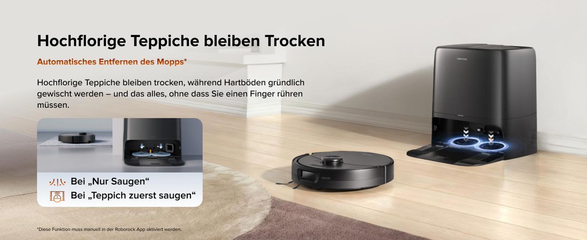 roborock Qrevo 2 Pro Set Saugroboter, 25.000 Pa Saugkraft, Anti-Tangle-System, 75°C Heißwasser-Moppwäsche, FlexiArm-Kantenwischsystem, Schwarz