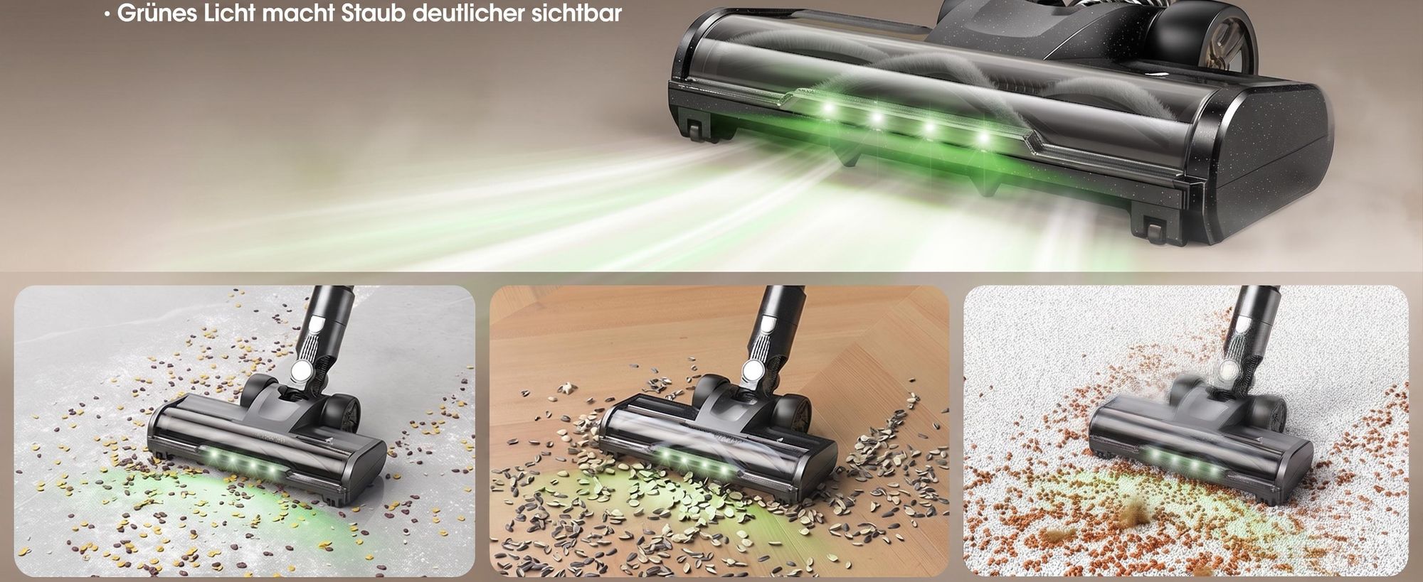 Lubluelu Akku-Staubsauger 75000 Pa, Anti-Haar-Verwicklungsbiürste, Grüne Beleuchtung, Freistehend, Für Tierhaare, Teppiche & Hartböden, P2 Schwarz