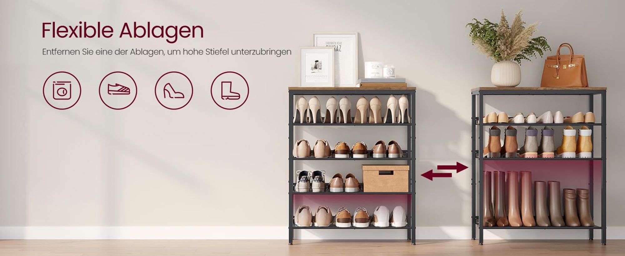 VASAGLE Schuhregal Schuhschrank mit 5 Ebenen Schuhablage honigbraun