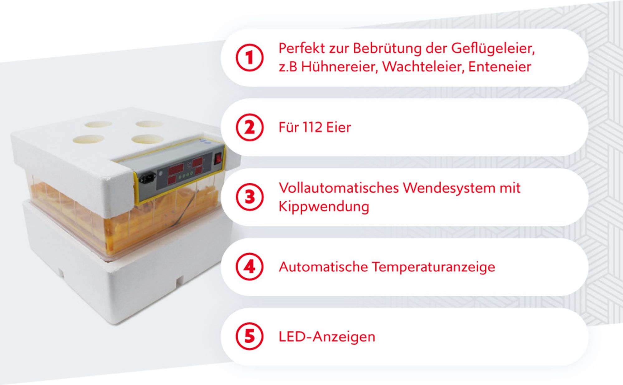 Wiltec Automatische Brutmaschine für 112 Eier, Inkubator mit vollautomatischem Wendesystem, Brutautomat mit Temperatursteuerung und Feuchtigskeitsregulierung, Brutkasten zum Eier ausbrüten