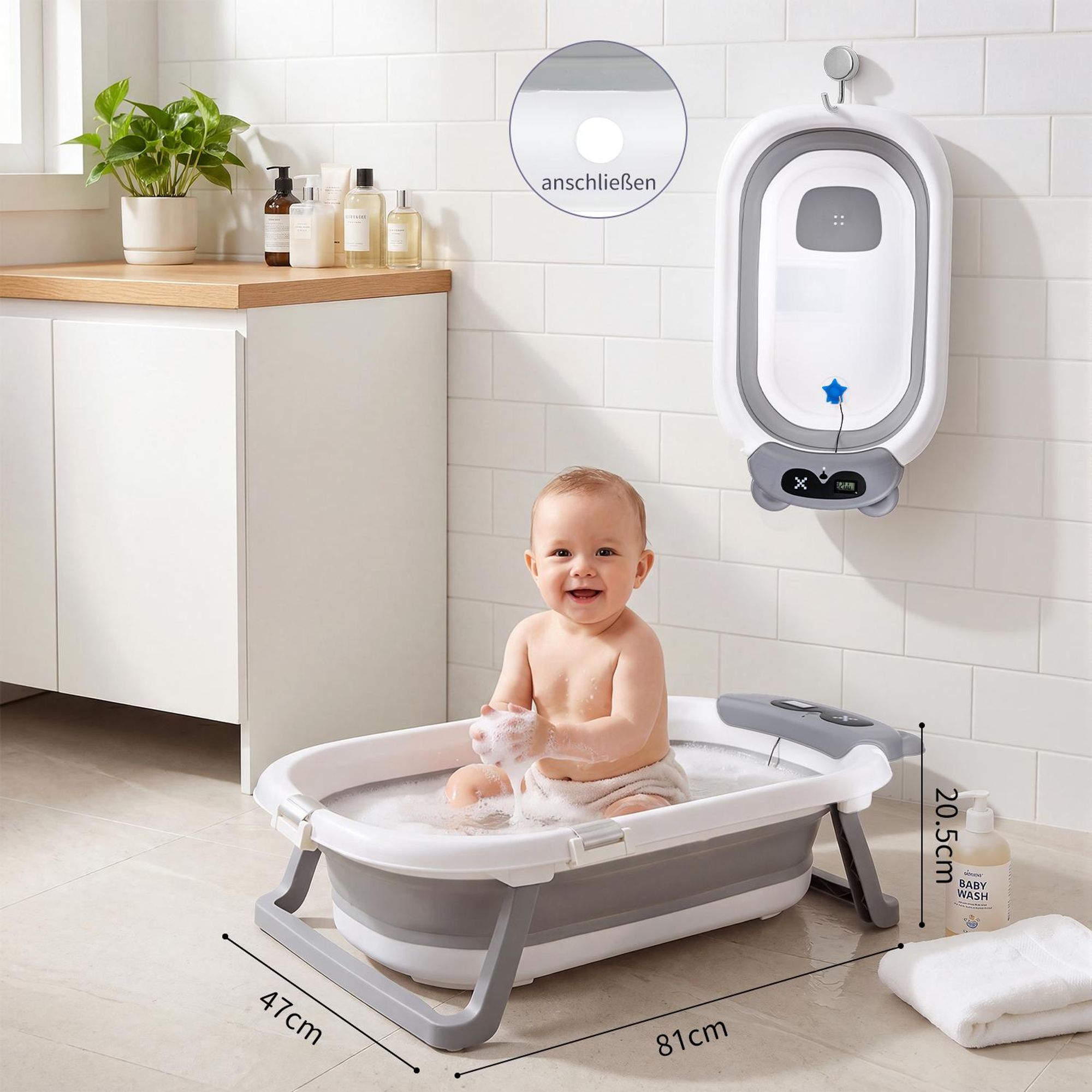 OYAJIA Babybadewanne Faltbare Badewanne PP&TPE Babywanne Badewannensitz mit weichem Schwimmkissen und Thermometer, Rutschfeste Badewanne