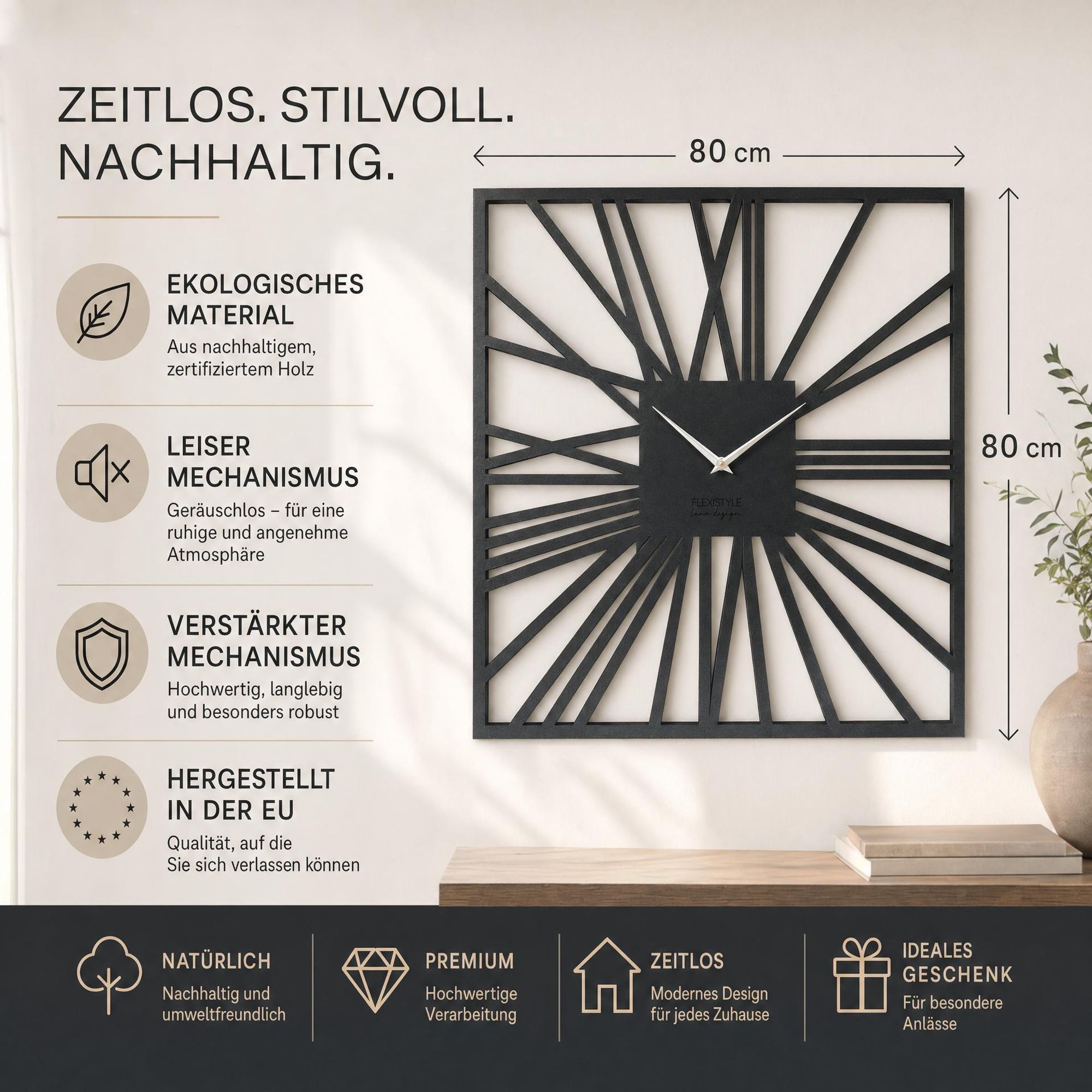 Große Wanduhr schwarz LOFT SQUARE 80cm Schwarz Holz Holzoptik 80cm durchmesser römische Zahlen ohne tickgeräusche quadratisch Wohnzimmer Schlafzimmer