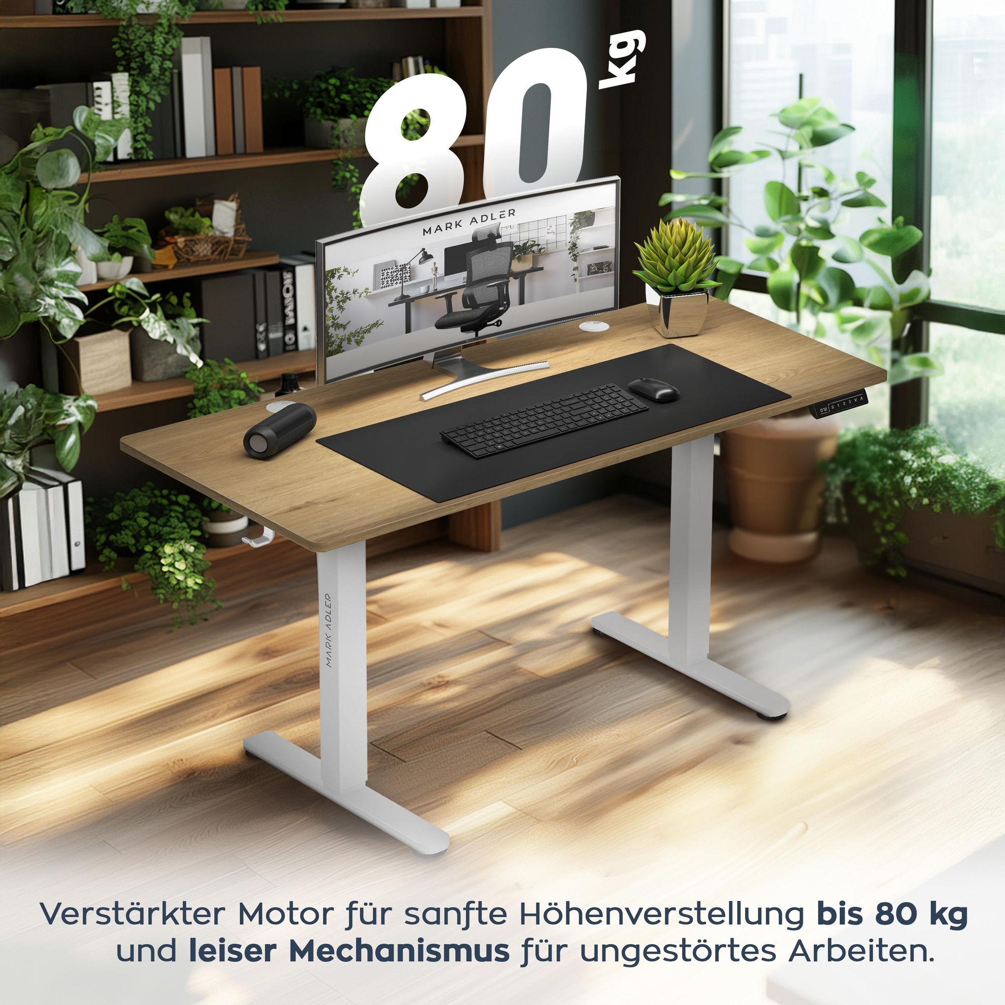 MARK ADLER Leader 7.0 | Höhenverstellbarer Schreibtisch Elektrisch Bürotisch Stehtisch | 120x60 cm | 3 Memory-Steuerung | Memoboard | Weiß Eiche