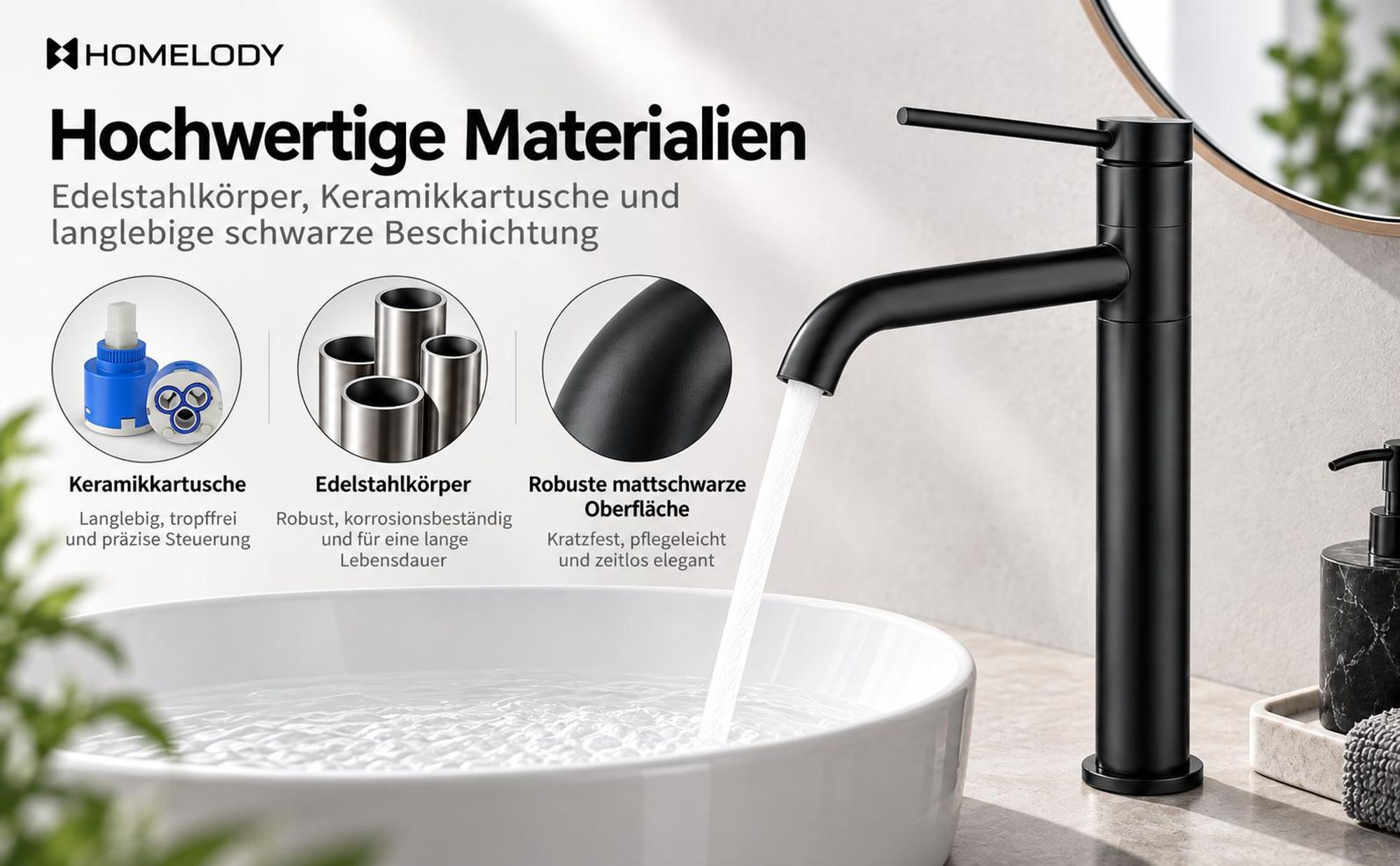 2 x Homelody Badarmatur Wasserhahn Bad aus Edelstahl Waschbecken Armatur mit hohe Ausflauf Mischbatterien 180° Schwenkbar Waschtischarmatur, Schwarz