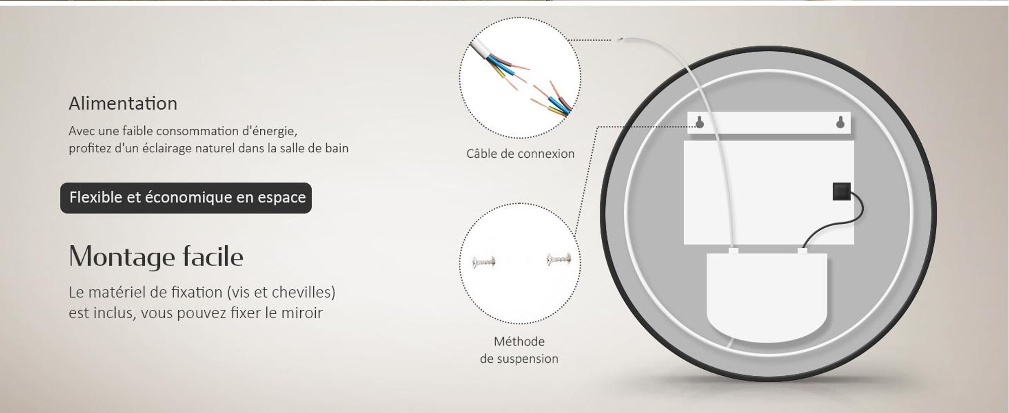 EMKE Miroir de salle de bain rond LED avec éclairage ф60cm Miroir de salle de bain noir rond avec antibuée, horloge, température, variateur, fonction mémoire - Lumières neutres 4300K