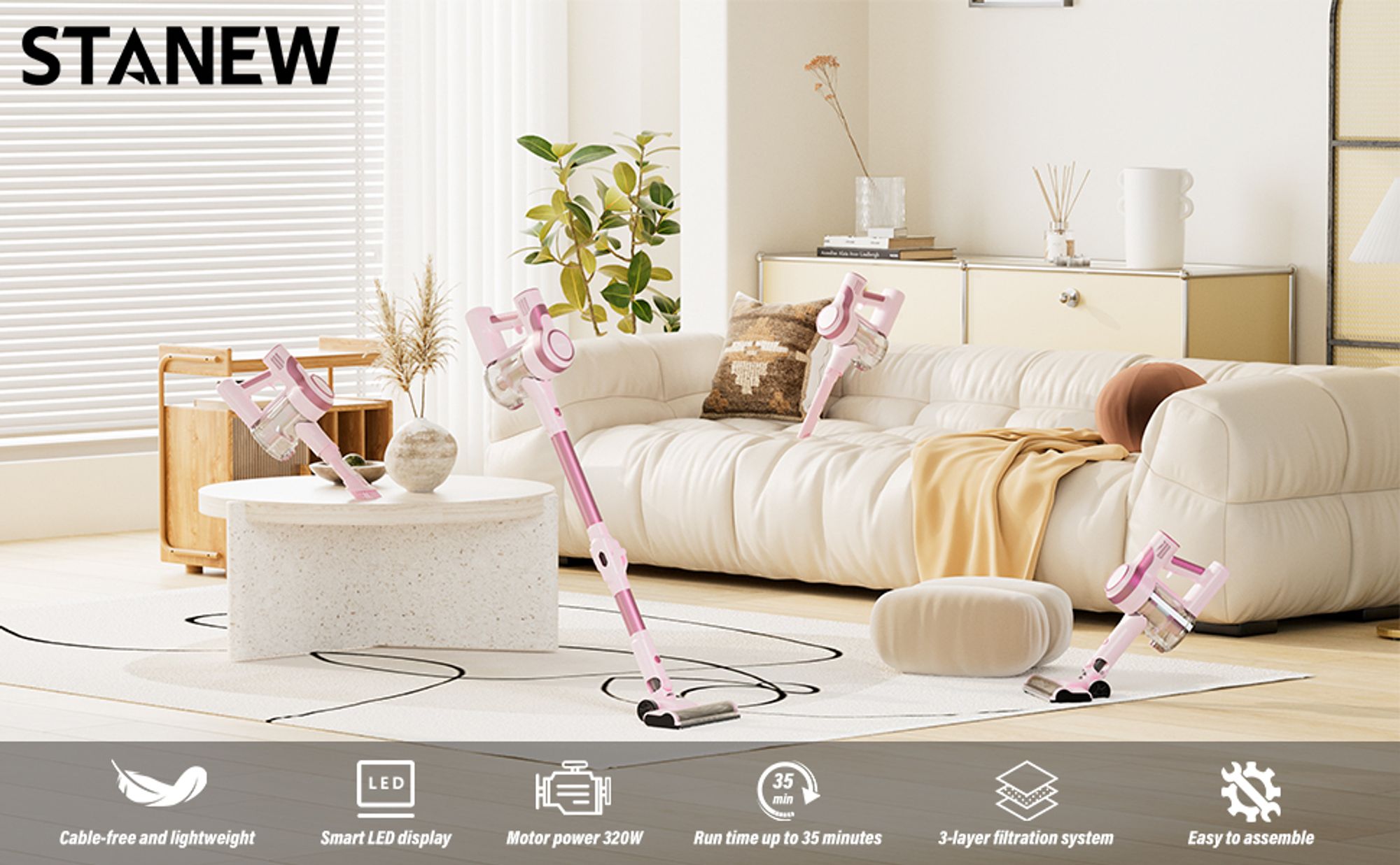 STANEW Akku Staubsauger Faltbar, 33Kpa Kabelloser Staubsauger, 320W Cordless Vacuum Cleaner, 40Min. Laufzeit, LED, für Tierhaare Teppich Auto Hartboden Sofas etc(Zartrosa)