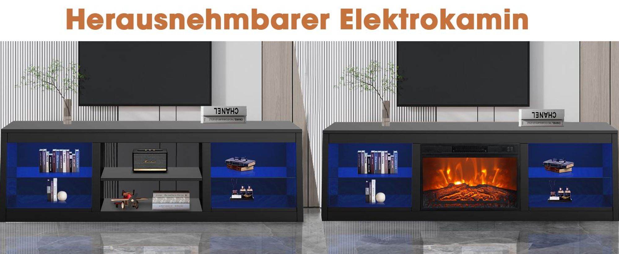 Parrot Uncle TV-Schrank für Fernseher bis 75 Zoll, MDF, Schwarz , mit 24" Elektrokamin und Farbwechselnde LED-Leiste, 168 x 42 x 56 cm, 54 kg Tragkraf