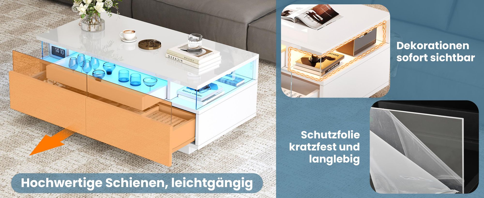 MODFU Couchtisch weiß mit 2 Schubladen,Kaffeetisch Sofatisch mit stauraum und LED-Licht,Hochglanz-Beistelltisch aus gehärtetem Glas,90×45×35.5cm