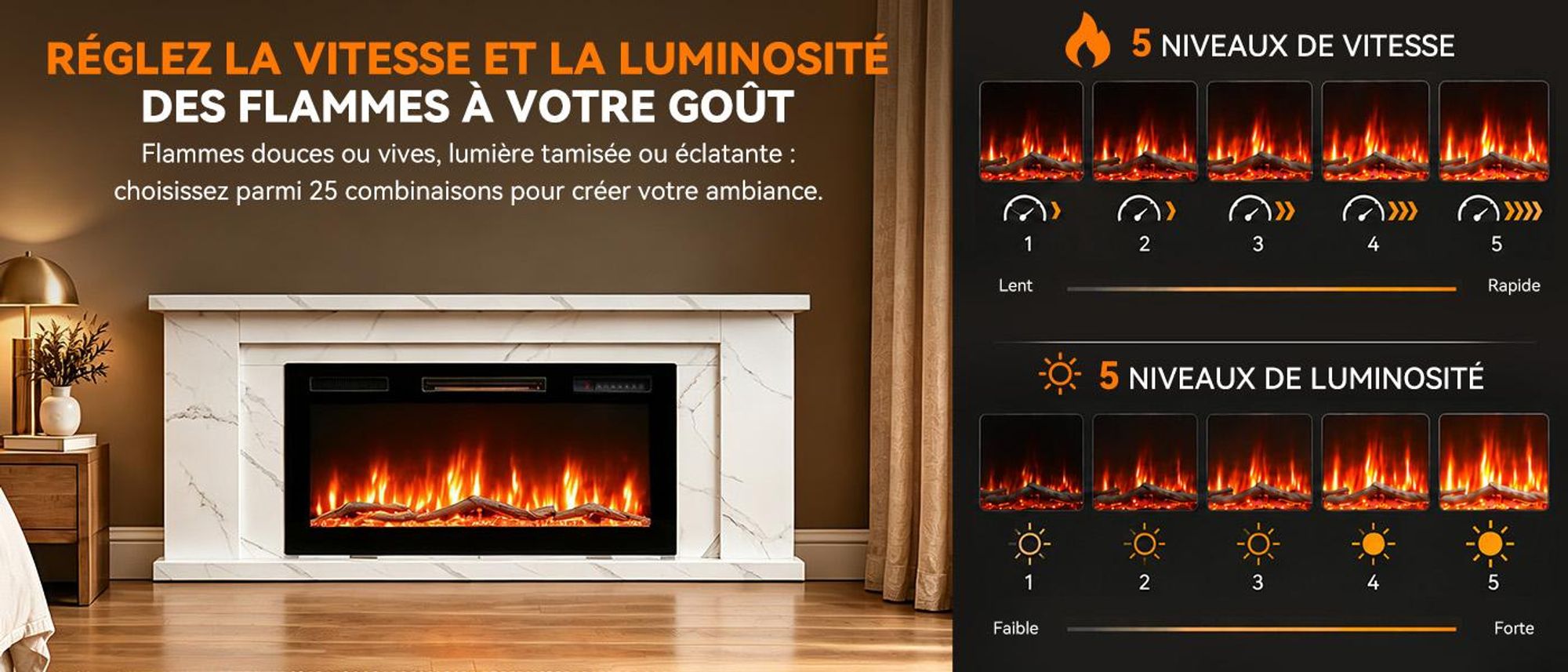 1000/2000 W avec deux niveaux de chauffage, flamme et chauffage utilisables séparément